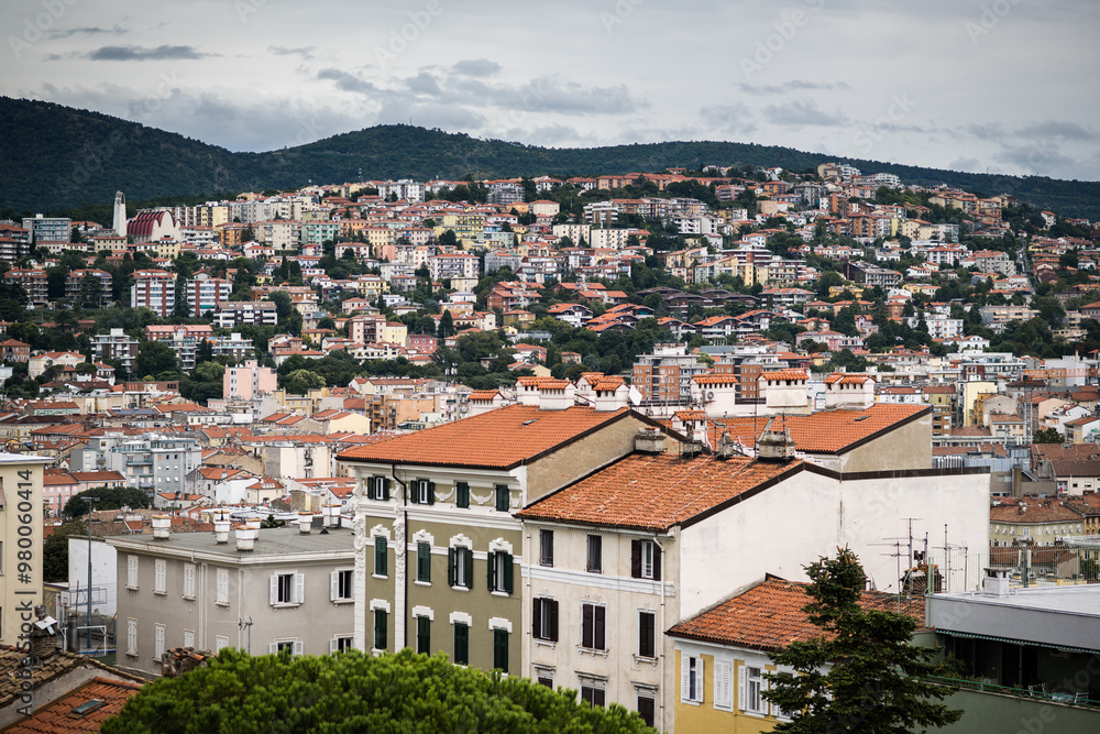Fototapeta premium Cityscape overview aerial panorama of Trieste a city and seaport in northeastern Italy in region of Friuli-Venezia Giulia.