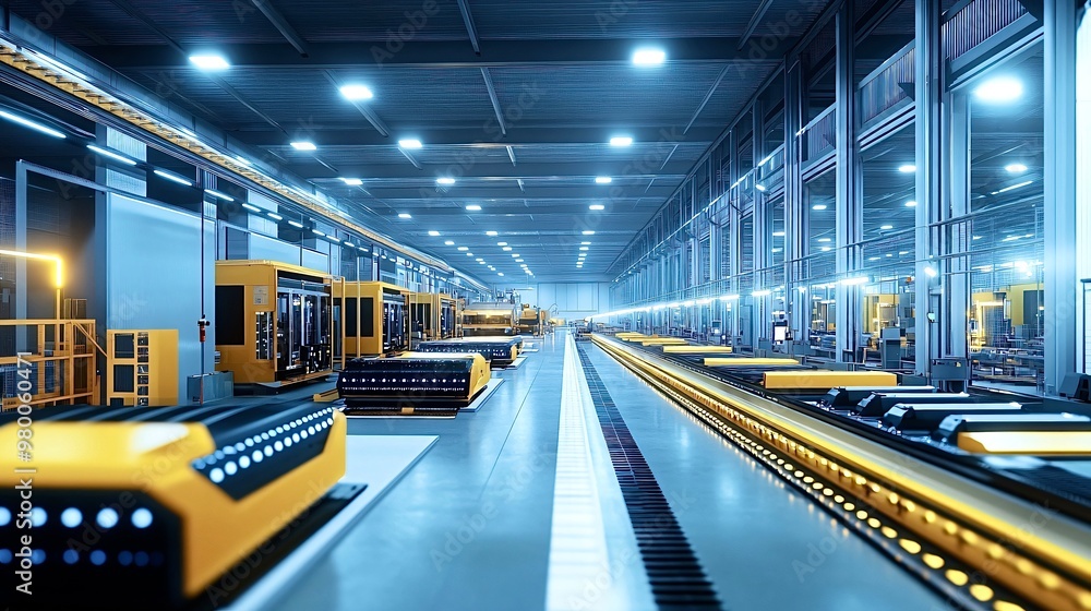 Empty assembly line moving through high tech factory Empty assembly line moving through high tech factory