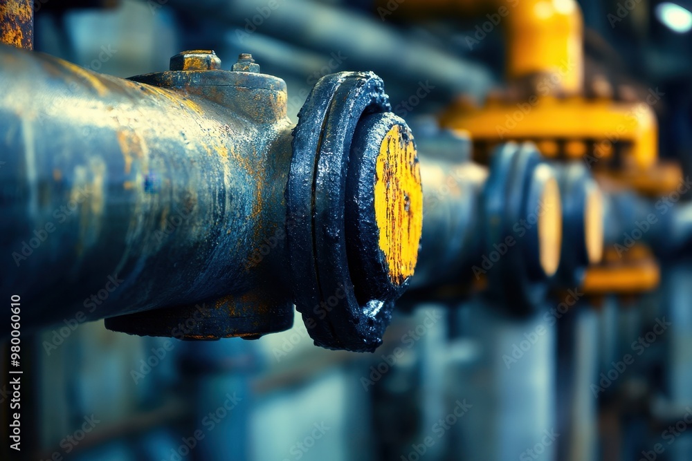 Detailed view of chemical pipes on a petrochemical vessel or oil platform Detailed view of chemical pipes on a petrochemical vessel or oil platform