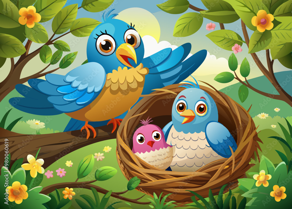 Cartoon mother bird with her baby in the nest stock illustration Cartoon mother bird with her baby in the nest stock illustration
