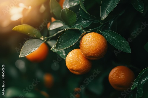 Detailed view of lush ripe mandarins among green leaves on branches photo