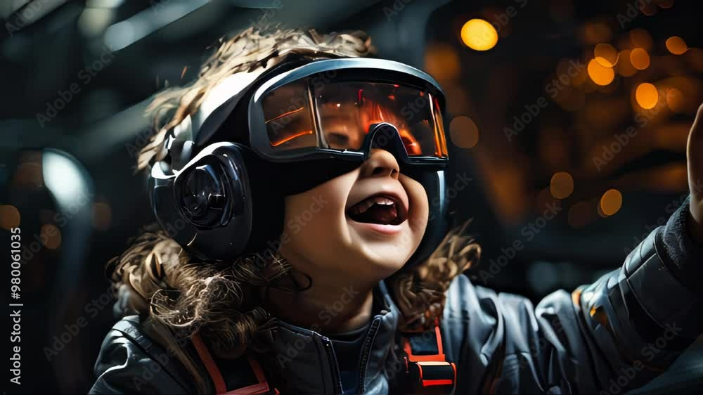 Small child boy smiling wearing astronaut or airplane pilot helmet Small child boy smiling wearing astronaut or airplane pilot helmet