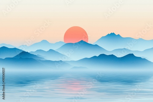 A Misty Mountain Range With A Setting Sun Reflected In The Water