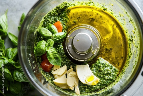 Different components for a green vegan pesto are in a food processor with olive oil currently being added