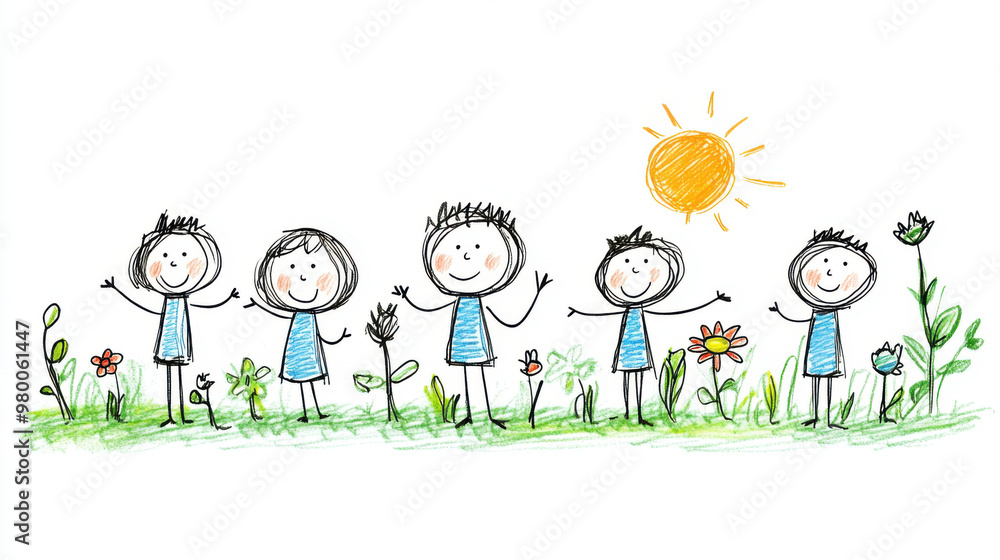 Cheerful illustration of five children holding hands and smiling under the sun, surrounded by flowers and greenery. Cheerful illustration of five children holding hands and smiling under the sun, surrounded by flowers and greenery.