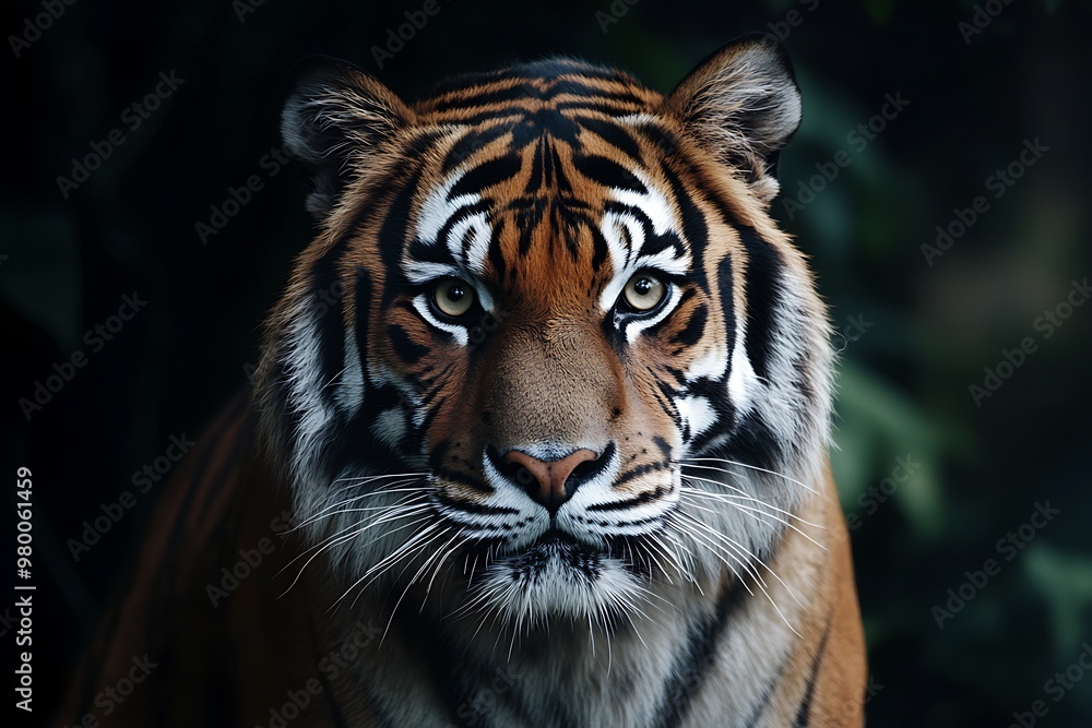 Obraz premium Closeup portrait of a Bengal tiger staring intently at the camera