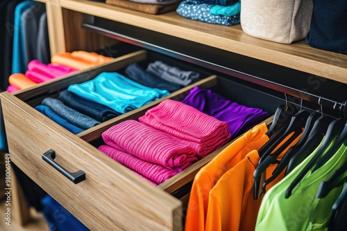 Drawer containing folded women s athletic wear Contemporary collection of vibrant female sports apparel