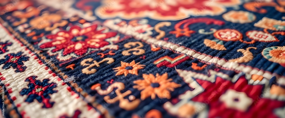 A close-up shot focusing on the detailed handwoven patterns and vibrant colors of a classic Iranian rug. A close-up shot focusing on the detailed handwoven patterns and vibrant colors of a classic Iranian rug.