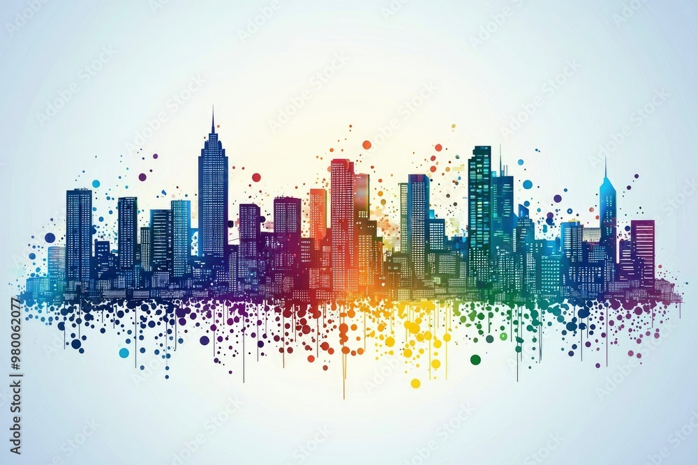 Fototapeta premium A Rainbow Cityscape with Dripping Paint Splatter
