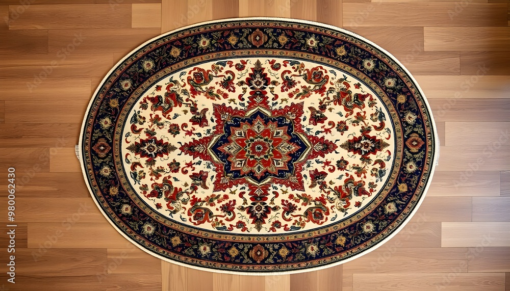 A perfectly centered flat lay of an oval-shaped Iranian rug, highlighting its ornate borders and intricate central medallion. A perfectly centered flat lay of an oval-shaped Iranian rug, highlighting its ornate borders and intricate central medallion.