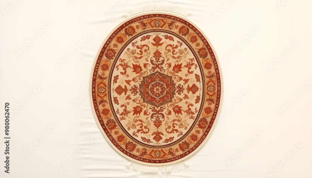 A serene and elegant flat lay of a perfectly centered, vintage-inspired, oval-shaped Iranian rug, placed on a soft, creamy white background. A serene and elegant flat lay of a perfectly centered, vintage-inspired, oval-shaped Iranian rug, placed on a soft, creamy white background.