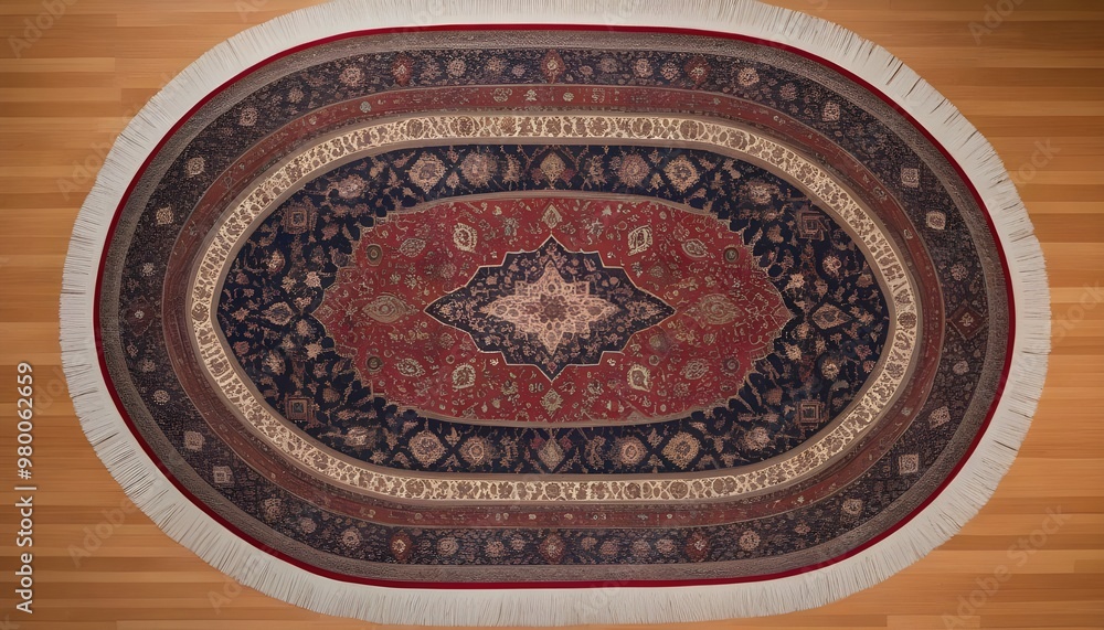 A perfectly centered flat lay of an oval-shaped Iranian rug, highlighting its ornate borders and intricate central medallion. A perfectly centered flat lay of an oval-shaped Iranian rug, highlighting its ornate borders and intricate central medallion.