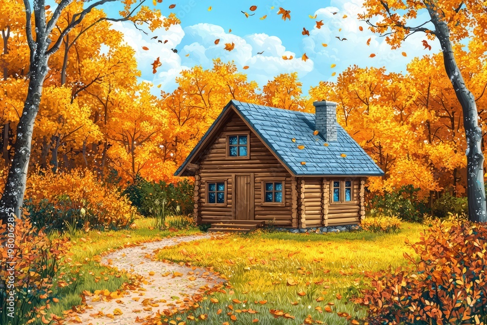 A Small Cabin in a Forest of Autumn Colors A Small Cabin in a Forest of Autumn Colors