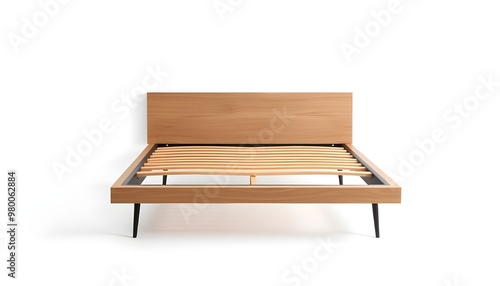 A minimalist bed frame with a sleek, modern design, isolated on a white background. 