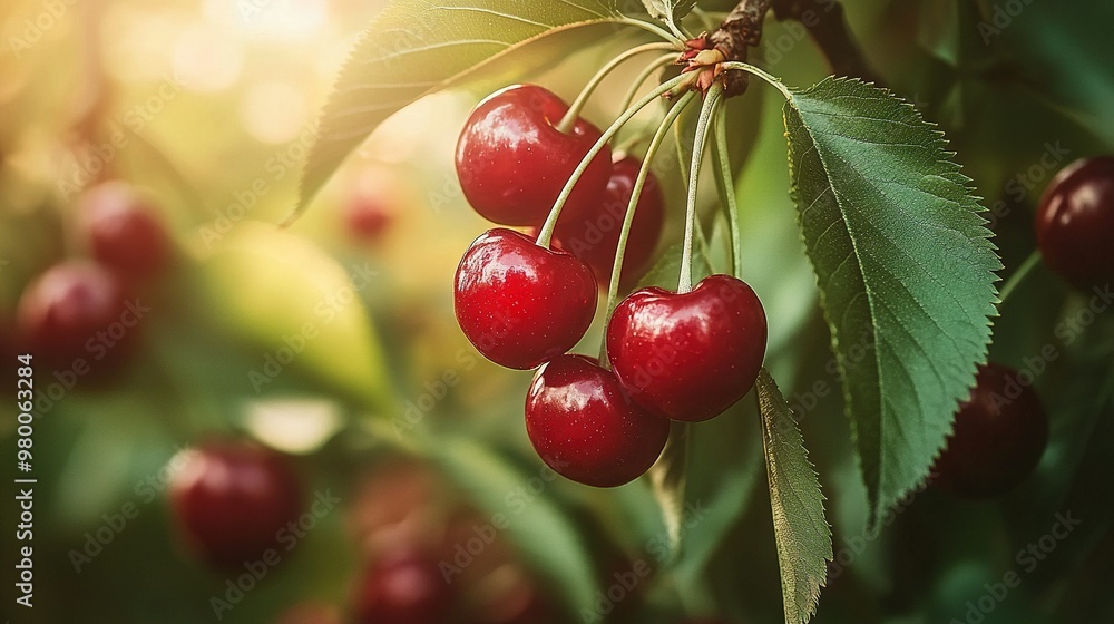 A cherry tree with green leaves and sunlight shining through the branches A cherry tree with green leaves and sunlight shining through the branches