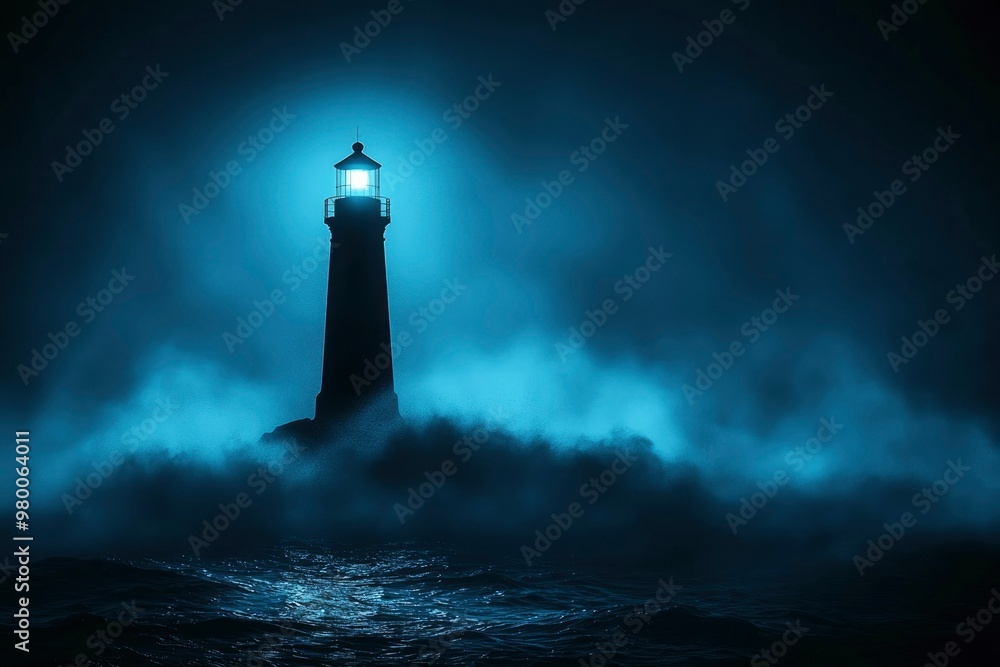 A Lone Lighthouse Beams Through Foggy Darkness on a Rough Sea A Lone Lighthouse Beams Through Foggy Darkness on a Rough Sea