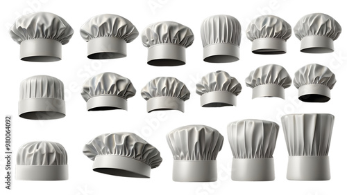 Set of White Chef Hats, Cook Caps, and Baker Toque Blanche - Various Styles on Transparent Background, PNG Cutout File for Mockup Template and Graphic Design