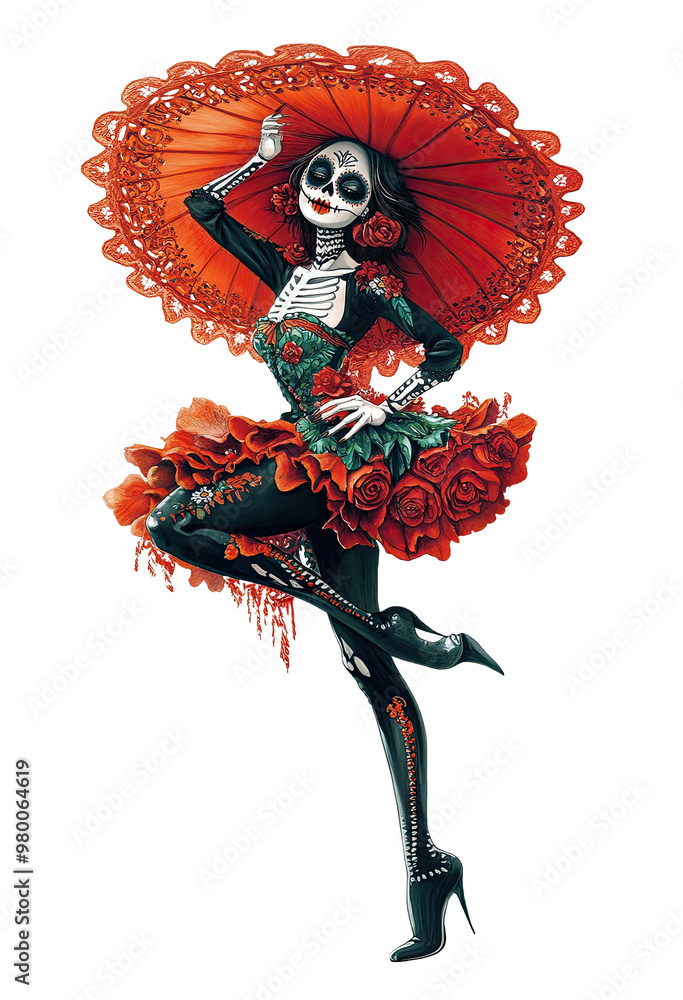 Fototapeta premium Illustration of a woman dressed and made up as Catrina for the Day of the Dead in Mexico, isolated on transparent background. 