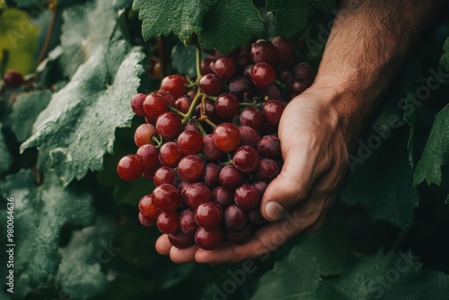 Focus on an unknown man s hands gripping a cluster of red grapes in a vineyard with space for text on the side photo