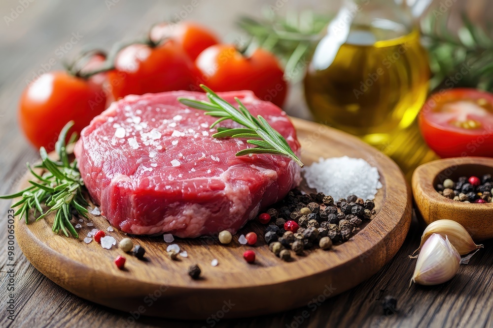 Fresh organic beef steak on a wooden board with rosemary garlic tomatoes salt black pepper and olive oil Fresh organic beef steak on a wooden board with rosemary garlic tomatoes salt black pepper and olive oil