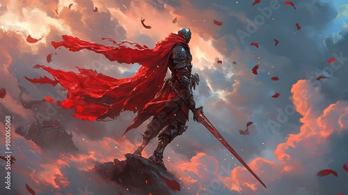 Fantasy warrior standing on a cliff with a red cape, sword, and clouds in the background photo