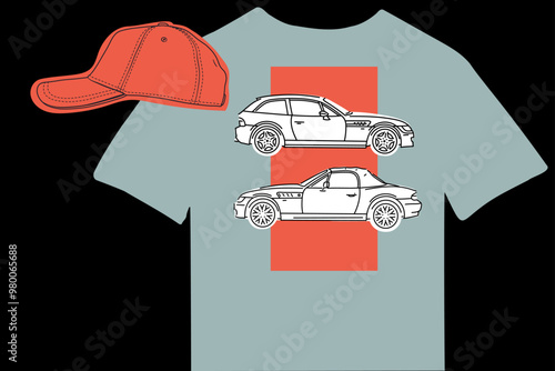 Vector illustrations for apparel prints and other uses. Hand drawn sports cars. T-shirt mockup, automotive outfit.