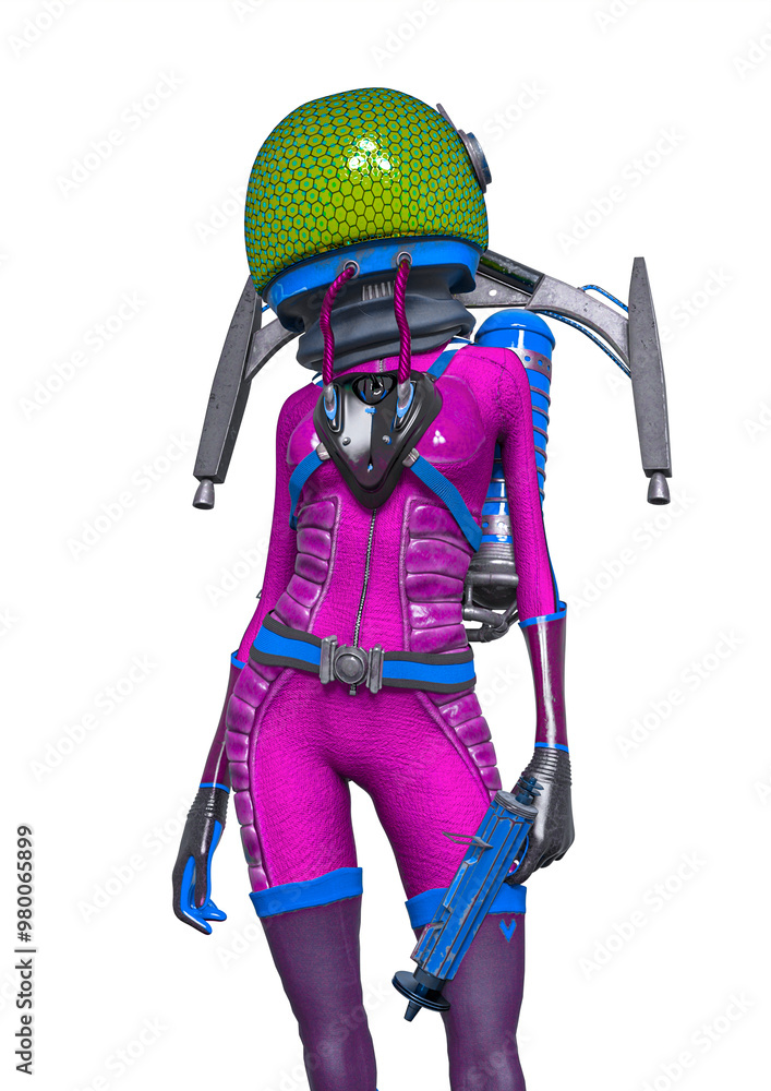 Naklejka premium alien girl astronaut is holding and standing up
