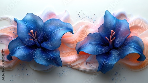  Close-up of two blue flowers on a white-pink background with sprinkles on the petals photo