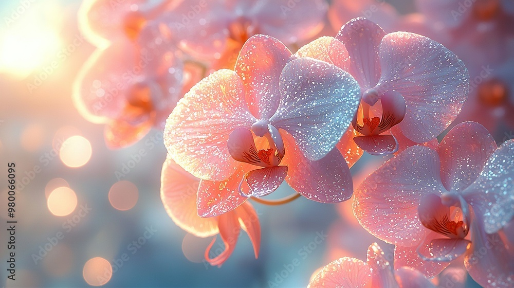 A high-resolution close-up photograph of vivid pink flowers with dewdrops on their petals, set against a clear blue sky as the backdrop A high-resolution close-up photograph of vivid pink flowers with dewdrops on their petals, set against a clear blue sky as the backdrop