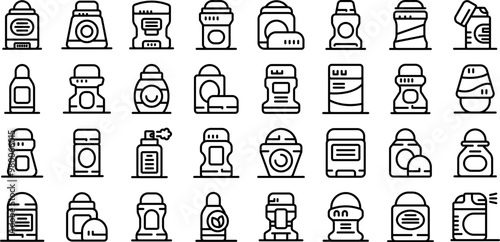 Antiperspirant bottles icons set. Antiperspirant deodorant roll on stick bottle spray icons set vector. Outline antiperspirant and deodorant cosmetic hygiene product, perfume and fresh aroma