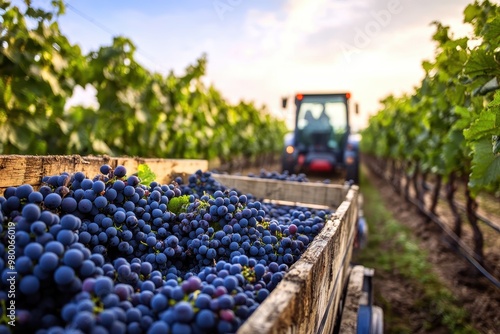 Grapes are transported from the vineyard to the winery via a tractor trailer with farmers