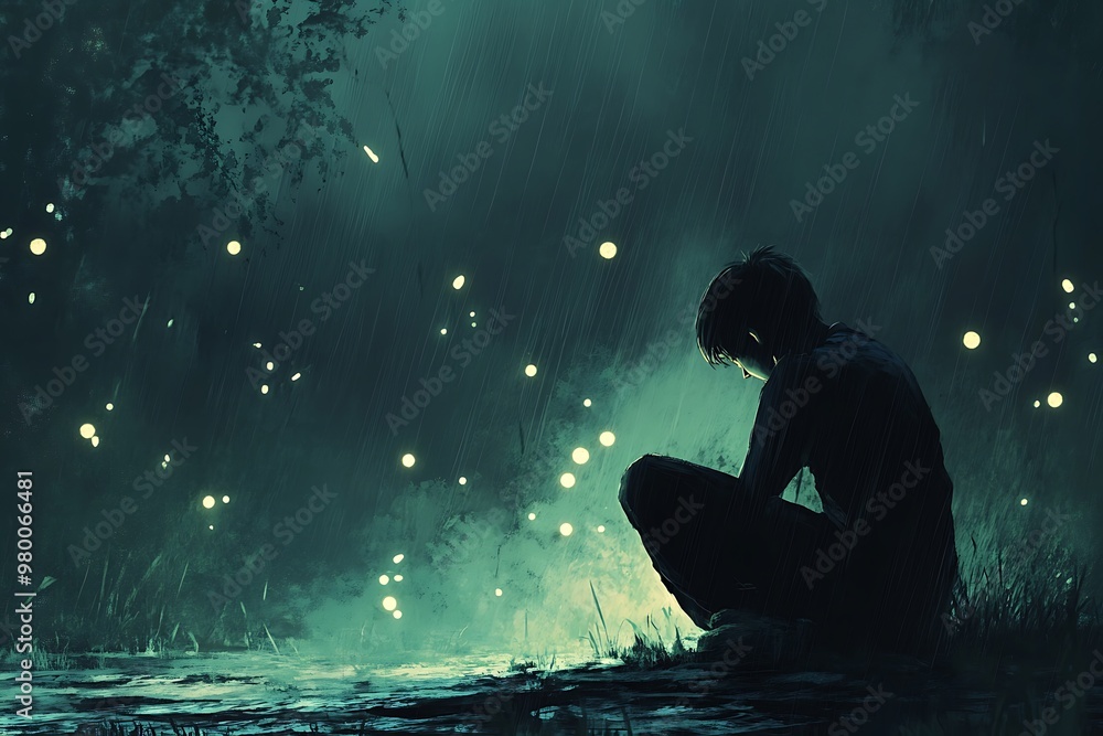 Obraz premium Silhouette of a person sitting in a dark forest surrounded by fireflies. Concept of loneliness, reflection, mystery, and hope.