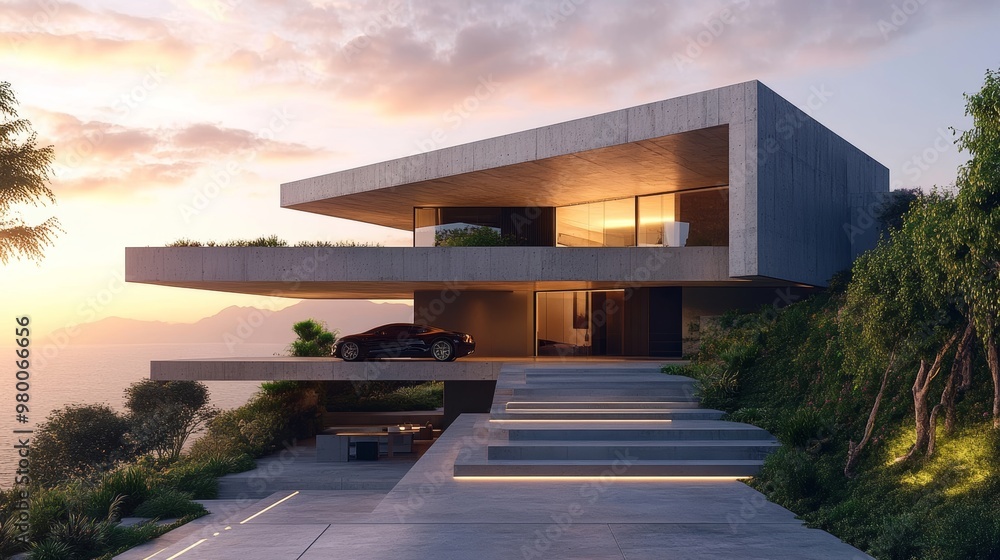 An architectural design of an asymmetrical cube house featuring staggered floors, concrete textures, and sleek steel elements, set against a sunset sky An architectural design of an asymmetrical cube house featuring staggered floors, concrete textures, and sleek steel elements, set against a sunset sky