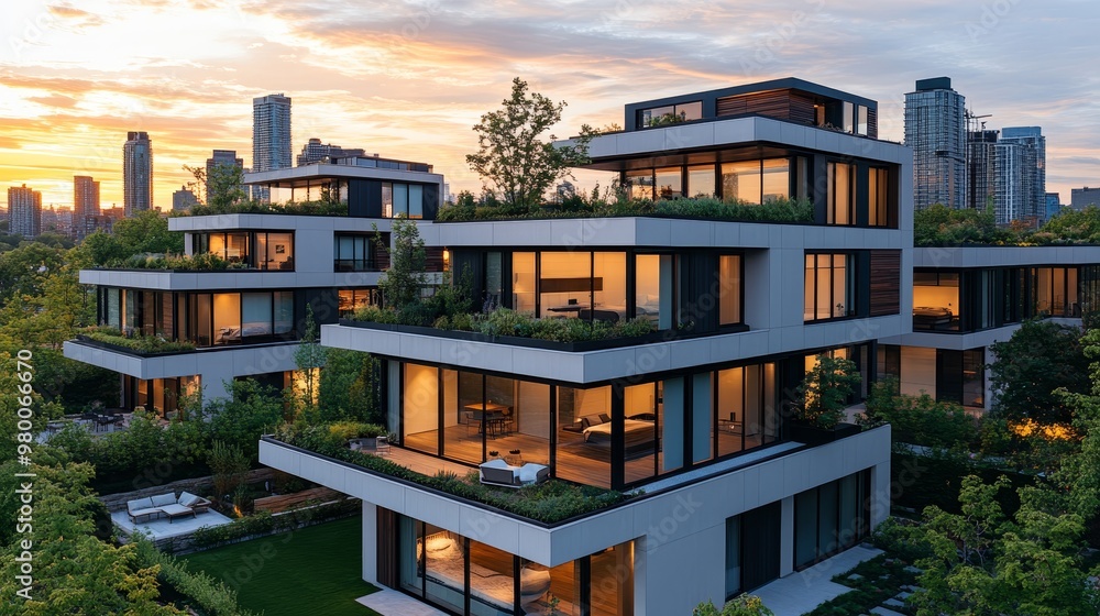 Architectural stack of geometric cube homes, varying orientations with rooftop gardens and patios, city skyline backdrop, golden hour lighting Architectural stack of geometric cube homes, varying orientations with rooftop gardens and patios, city skyline backdrop, golden hour lighting