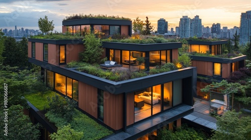 Architectural stack of geometric cube homes, varying orientations with rooftop gardens and patios, city skyline backdrop, golden hour lighting photo