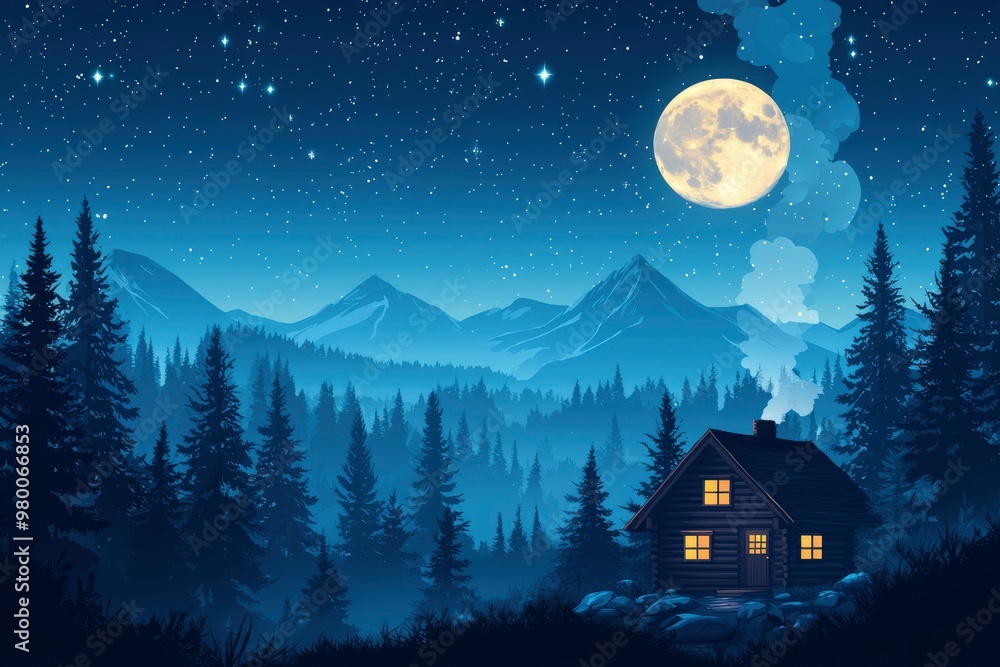 A cozy log cabin nestled in a mountainous forest under a full moon and starry sky. A cozy log cabin nestled in a mountainous forest under a full moon and starry sky.