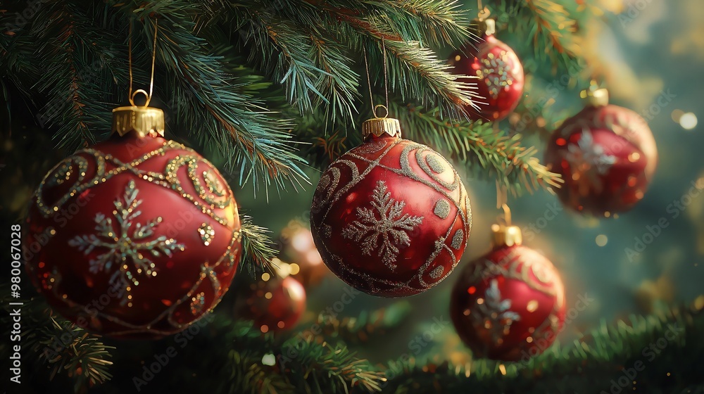 Fototapeta premium Red Christmas Ornaments on a Tree