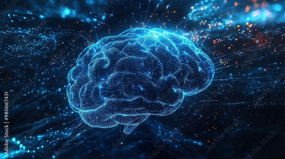 A starry night sky surrounds a computer-generated image of a brain A starry night sky surrounds a computer-generated image of a brain