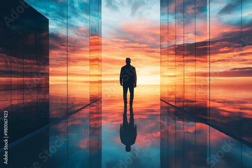 Silhouette of Man Standing in Glass Room with Sunset View, Concept of Reflection, Hope and Future