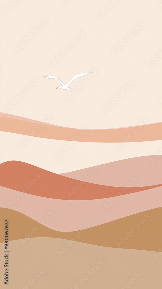 Naklejka premium Minimalistic mobile phone wallpaper featuring a soft beige and pink pastel gradient showcasing rolling hills and mountains against a serene sky