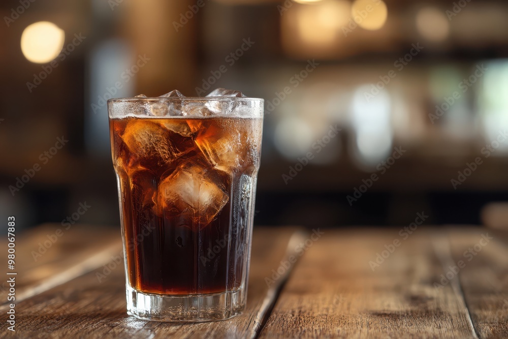 Iced americano coffee highlighted in a glass on a wooden table with empty space in the café cold brew Iced americano coffee highlighted in a glass on a wooden table with empty space in the café cold brew
