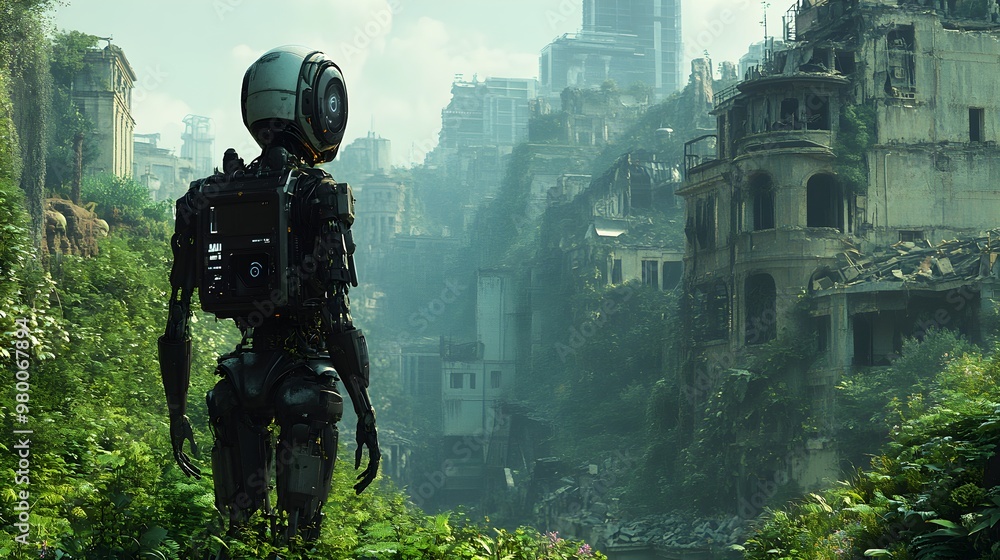 A futuristic android walks among the remnants of a collapsed city, now reclaimed by dense, wild plants, symbolizing the merge of technology and nature A futuristic android walks among the remnants of a collapsed city, now reclaimed by dense, wild plants, symbolizing the merge of technology and nature