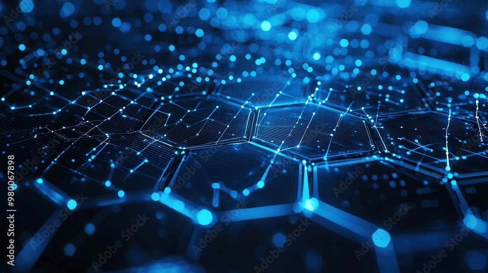 Close-up of a blue and black hexagonal pattern on a solid background, featuring dots arranged in the shape of hexagons Close-up of a blue and black hexagonal pattern on a solid background, featuring dots arranged in the shape of hexagons
