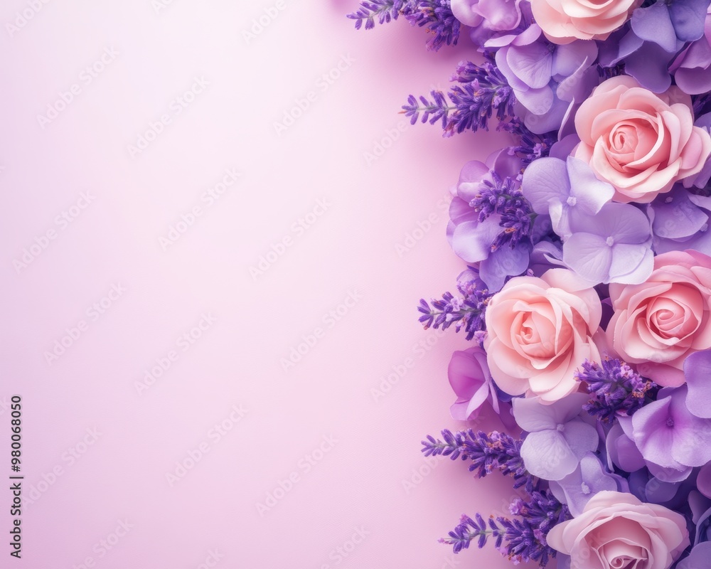 A beautiful arrangement of pink roses and purple flowers on a pastel pink background, perfect for spring or romantic themes. A beautiful arrangement of pink roses and purple flowers on a pastel pink background, perfect for spring or romantic themes.