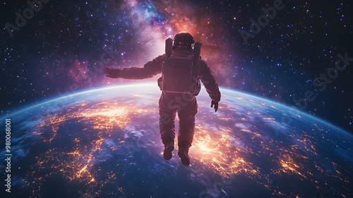 A lone astronaut reaching out toward the Milky Way, with Earth's illuminated cities visible below, Space Art, Digital painting, bright stars, soft blue and purple hues, awe-inspiring