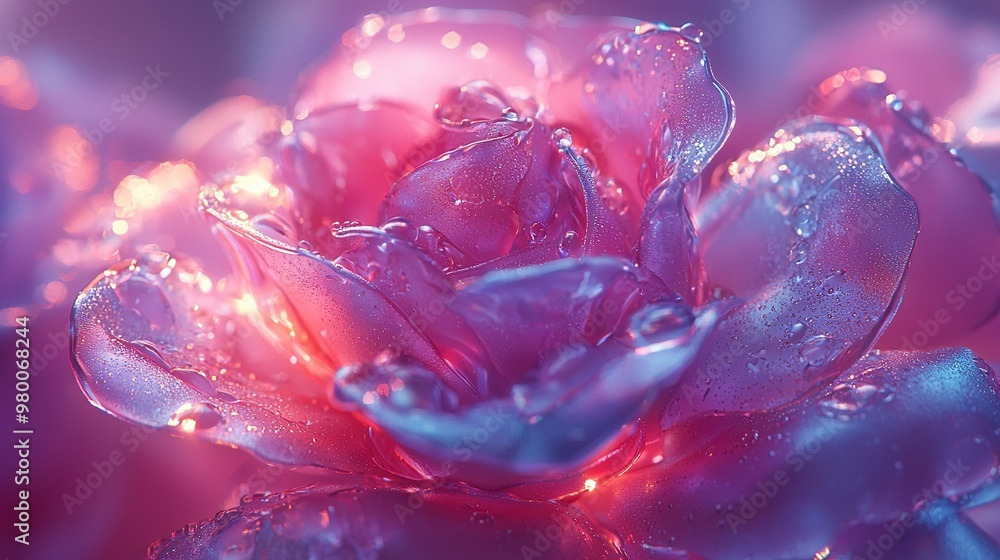 A close-up view of a pink rose with water droplets on its petals, appearing pink and blue A close-up view of a pink rose with water droplets on its petals, appearing pink and blue