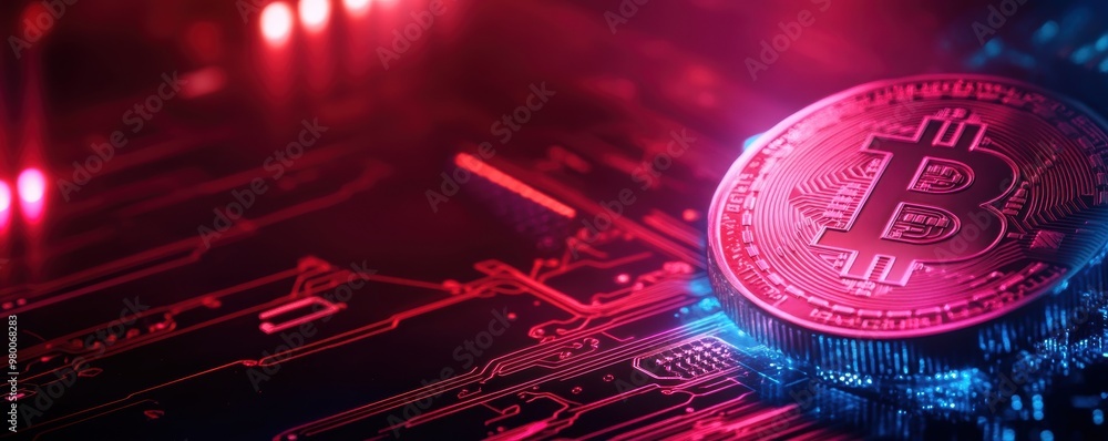 A close-up of a Bitcoin on a circuit board, illuminated by vibrant neon lights, symbolizing the future of digital currency. A close-up of a Bitcoin on a circuit board, illuminated by vibrant neon lights, symbolizing the future of digital currency.