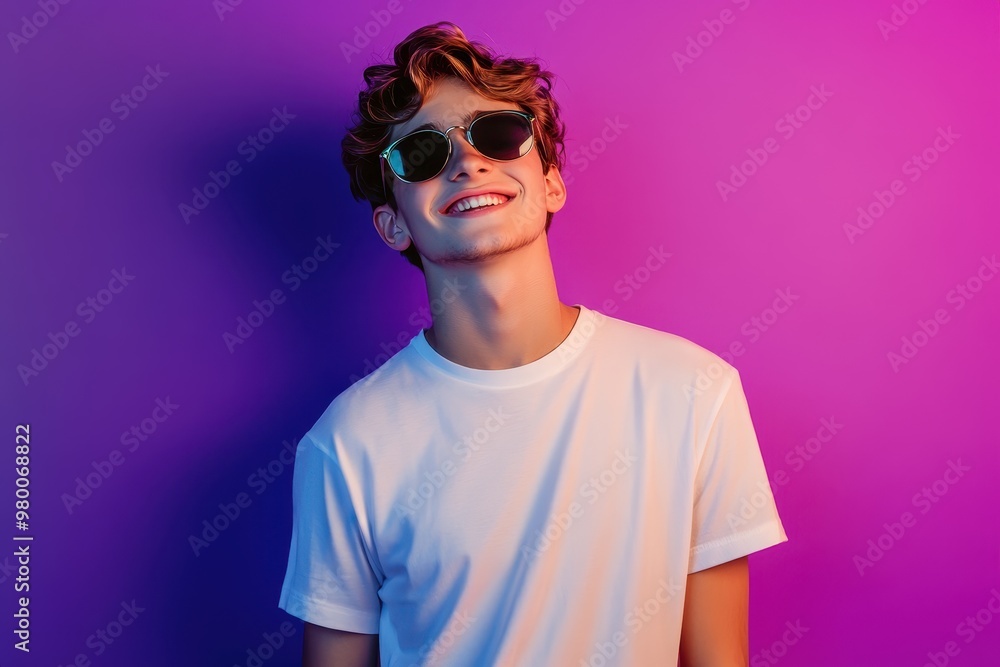 Image of a cheerful young man in a white t shirt and sunglasses posing against a neon purple backdrop Themes of youth fashion and emotions Advertisements Image of a cheerful young man in a white t shirt and sunglasses posing against a neon purple backdrop Themes of youth fashion and emotions Advertisements