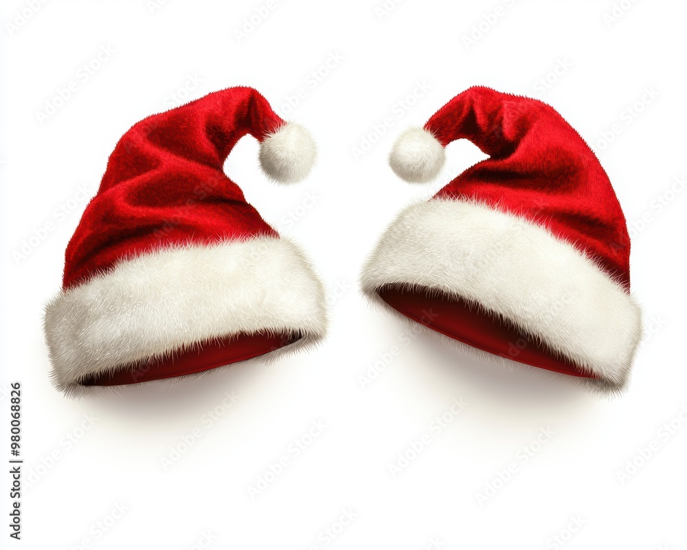 A pair of vibrant red Christmas hats adorned with white fur trim, perfect for holiday festivities and seasonal celebrations. A pair of vibrant red Christmas hats adorned with white fur trim, perfect for holiday festivities and seasonal celebrations.