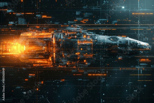 Fototapeta Naklejka Na Ścianę i Meble -  Futuristic Spaceship with Glowing Engine and Digital Interface